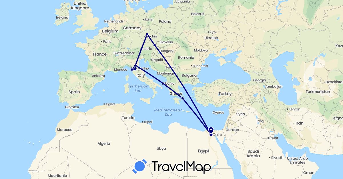TravelMap itinerary: driving in Austria, Czech Republic, Egypt, Greece, Italy (Africa, Europe)